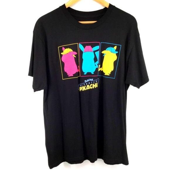 Detective Pikachu T-Shirt Black L  100% Cotton  Mens Graphic Tee - Picture 2 of 4